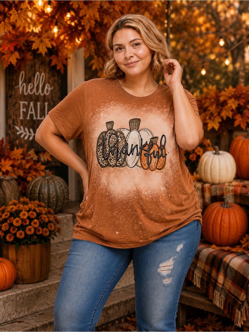 BRAND NEW WITH TAGS Bleached Thankful Pumpkin Plus Size Tee – Fall Graphic Top